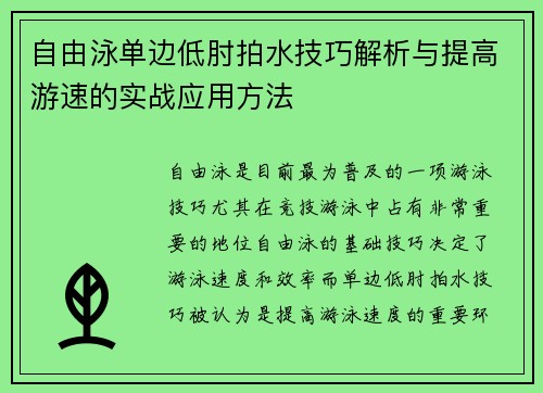 自由泳单边低肘拍水技巧解析与提高游速的实战应用方法